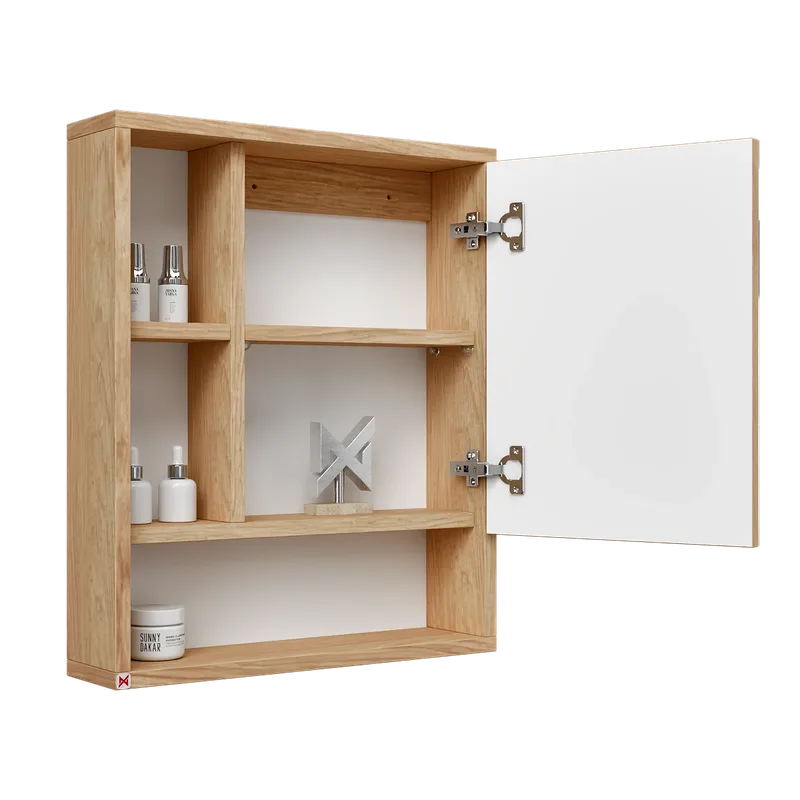 Botiquín con espejo 60×50 · Hickory — vista abierta