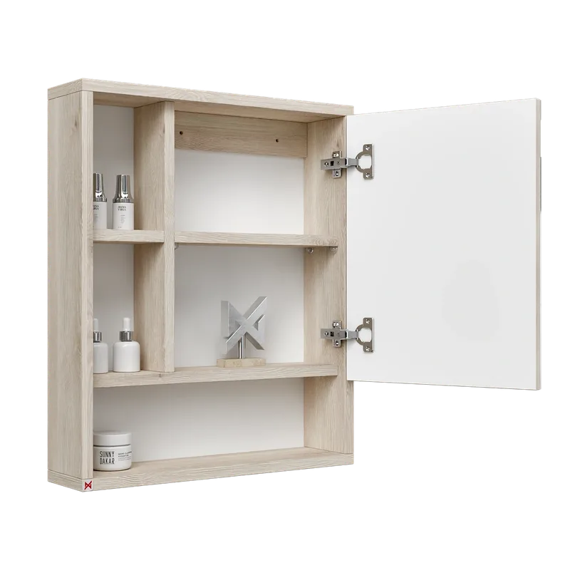 Botiquín con espejo 60×50 · Pino Aland Blanco — vista abierta