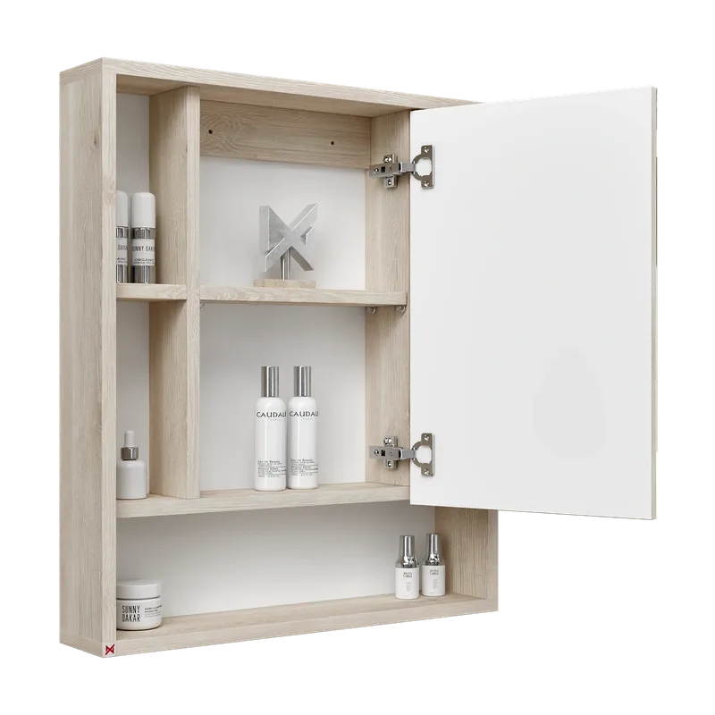 Botiquín con espejo 60×70 · Pino Aland Blanco — vista abierta