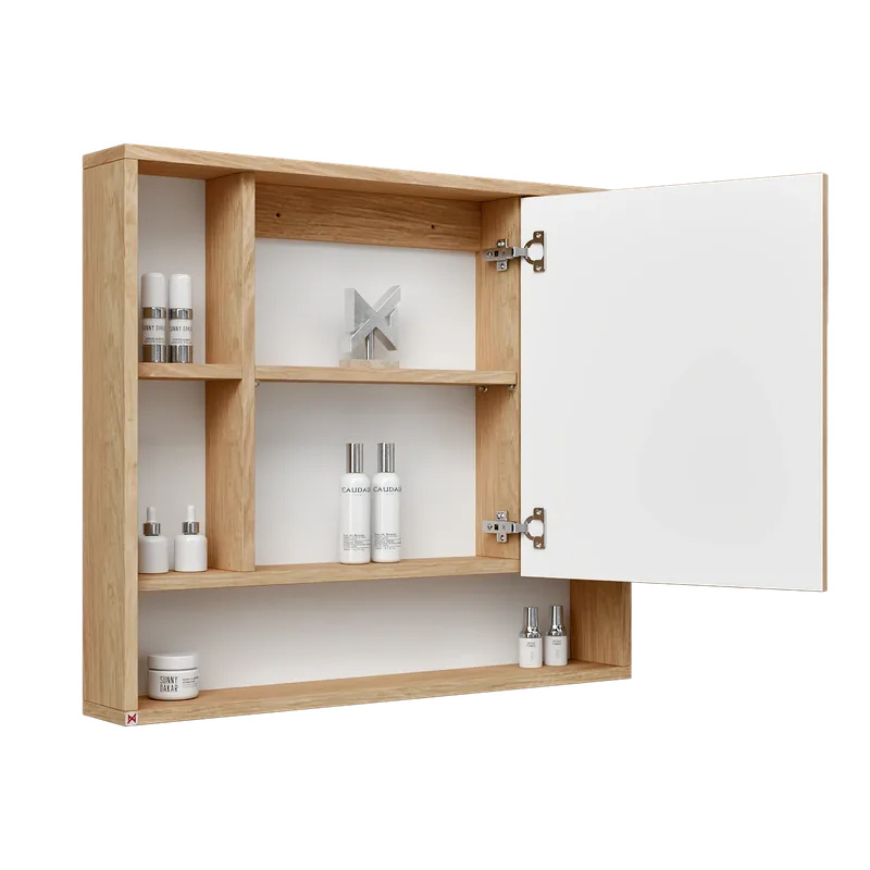 Botiquín con espejo 80×70 · Hickory — vista abierta