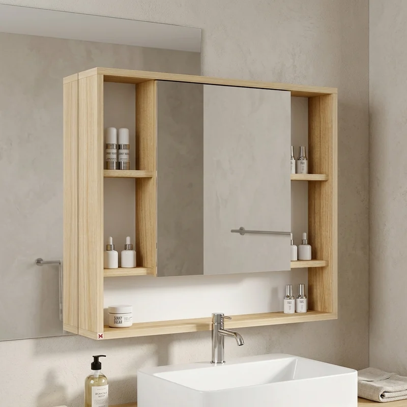 Botiquín con espejo 80×70 · Roble Americano — en ambiente