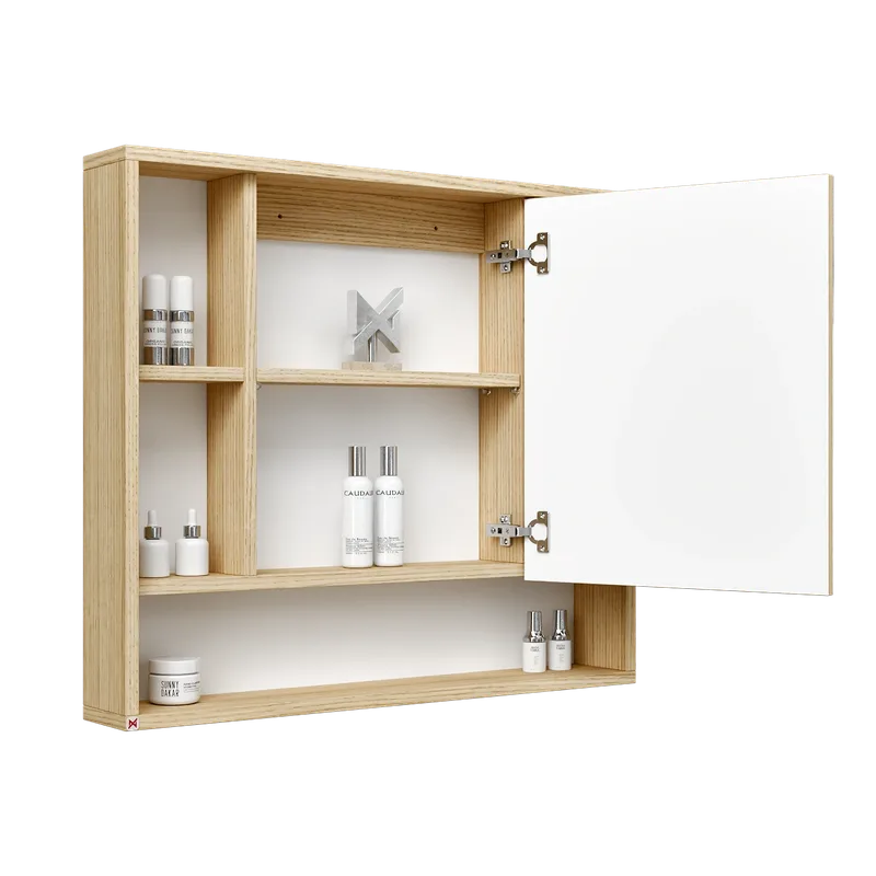 Botiquín con espejo 80×70 · Roble Americano — vista abierta